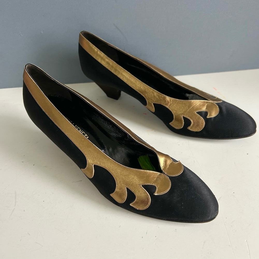 Vintage Rockabilly Kitten‎ Heels Size 9.5 Bottega Veneta Black Satin Gold Flames